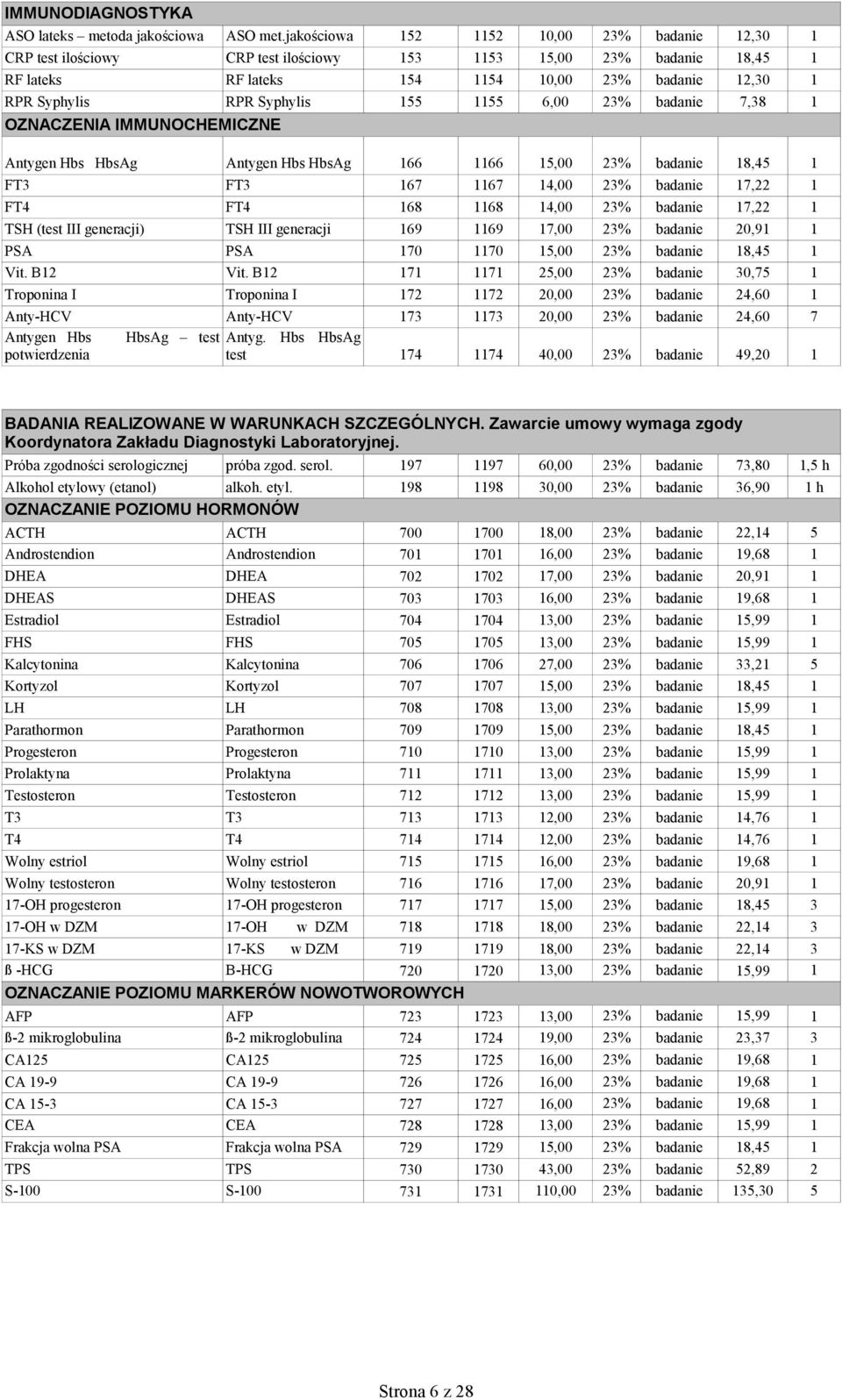 155 1155 6,00 23% badanie 7,38 1 OZNACZENIA IMMUNOCHEMICZNE Antygen Hbs HbsAg Antygen Hbs HbsAg 166 1166 15,00 23% badanie 18,45 1 FT3 FT3 167 1167 14,00 23% badanie 17,22 1 FT4 FT4 168 1168 14,00