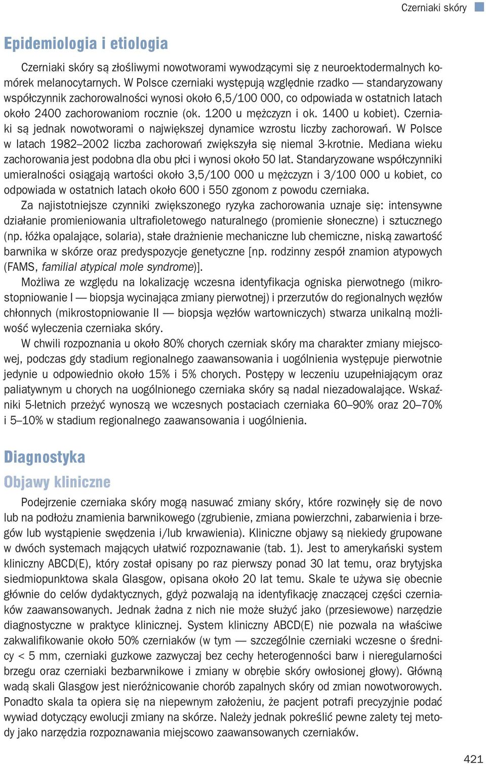 1200 u mężczyzn i ok. 1400 u kobiet). Czerniaki są jednak nowotworami o największej dynamice wzrostu liczby zachorowań. W Polsce w latach 1982 2002 liczba zachorowań zwiększyła się niemal 3-krotnie.