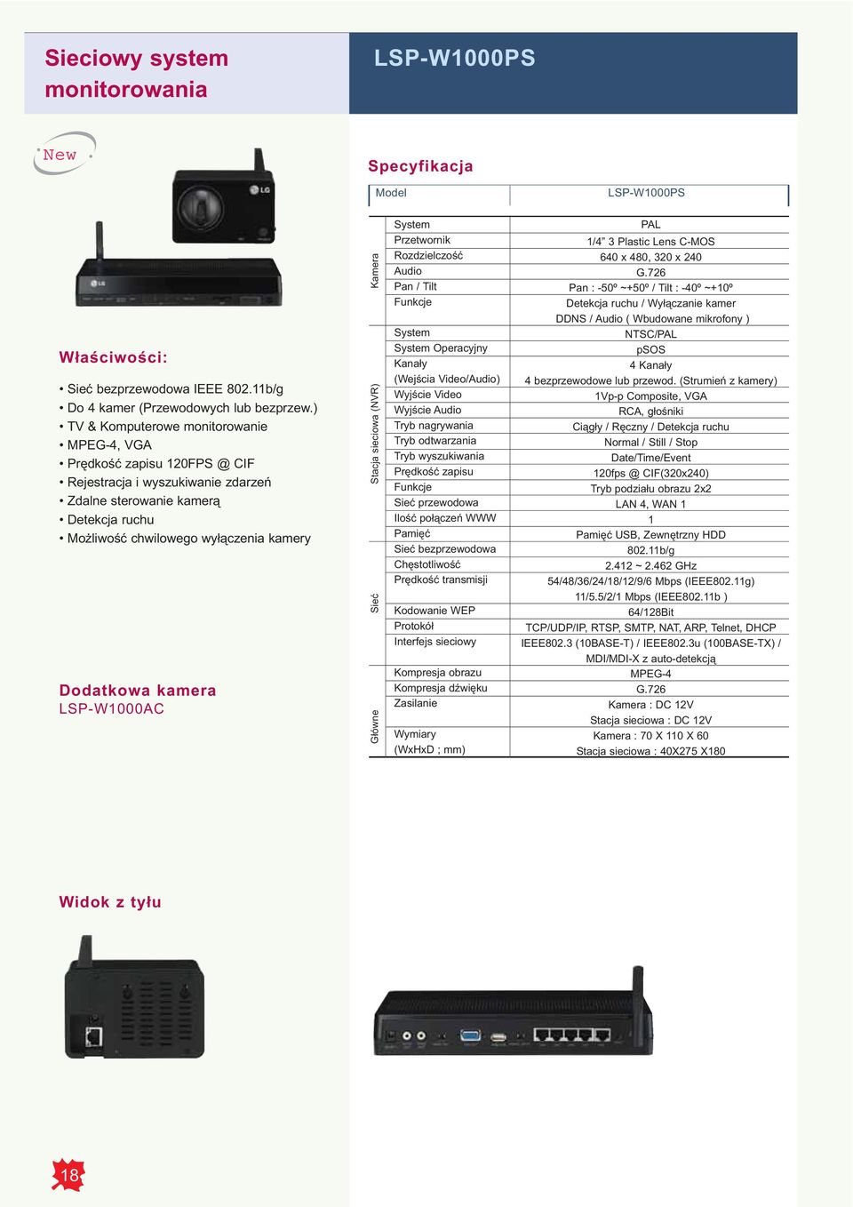 kamera LSP-W1000AC Główne Sieć Stacja sieciowa (NVR) Kamera Audio Pan / Tilt Funkcje Operacyjny Kanały (Wejścia Video/Audio) Wyjście Video Wyjście Audio Tryb nagrywania Tryb odtwarzania Tryb