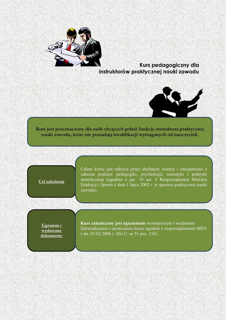 Celem kursu jest nabycie przez słuchaczy wiedzy i umiejetności z zakresu podstaw pedagogiki, psychologii, metodyki i praktyki metodycznej (zgodnie z par.