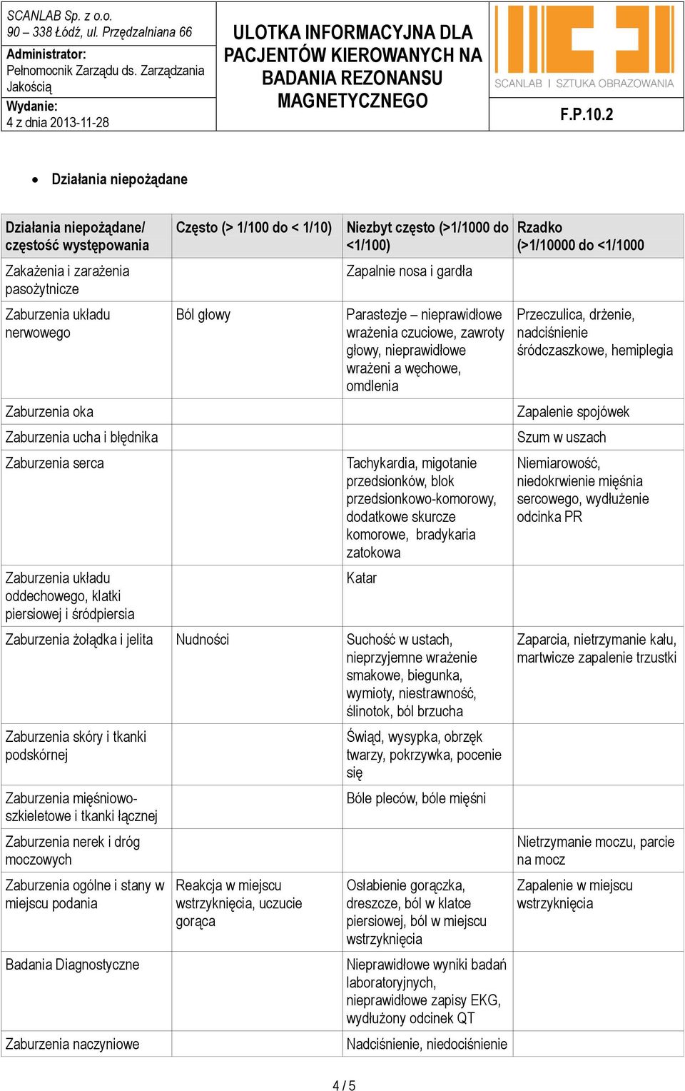 głowy, nieprawidłowe wrażeni a węchowe, omdlenia Tachykardia, migotanie przedsionków, blok przedsionkowo-komorowy, dodatkowe skurcze komorowe, bradykaria zatokowa Katar Zaburzenia żołądka i jelita