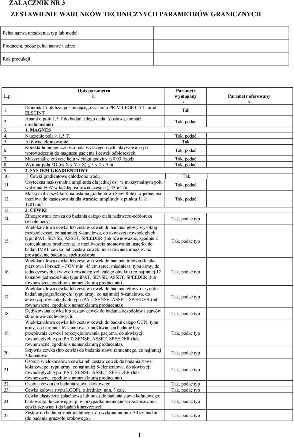 Natężenie pola 1,5 T., podać 5. Aktywne ekranowanie. 6. Korekta homogeniczności pola wyższego rzędu aktywowana po wprowadzeniu do magnesu pacjenta i cewek odbiorczych., podać 7.