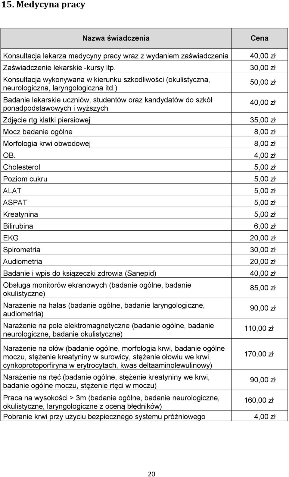 ) Badanie lekarskie uczniów, studentów oraz kandydatów do szkół ponadpodstawowych i wyższych Zdjęcie rtg klatki piersiowej Mocz badanie ogólne Morfologia krwi obwodowej OB.