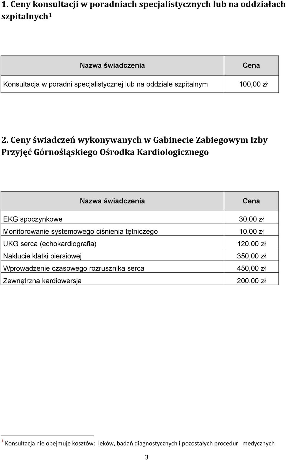 Ceny świadczeń wykonywanych w Gabinecie Zabiegowym Izby Przyjęć Górnośląskiego Ośrodka Kardiologicznego EKG spoczynkowe Monitorowanie