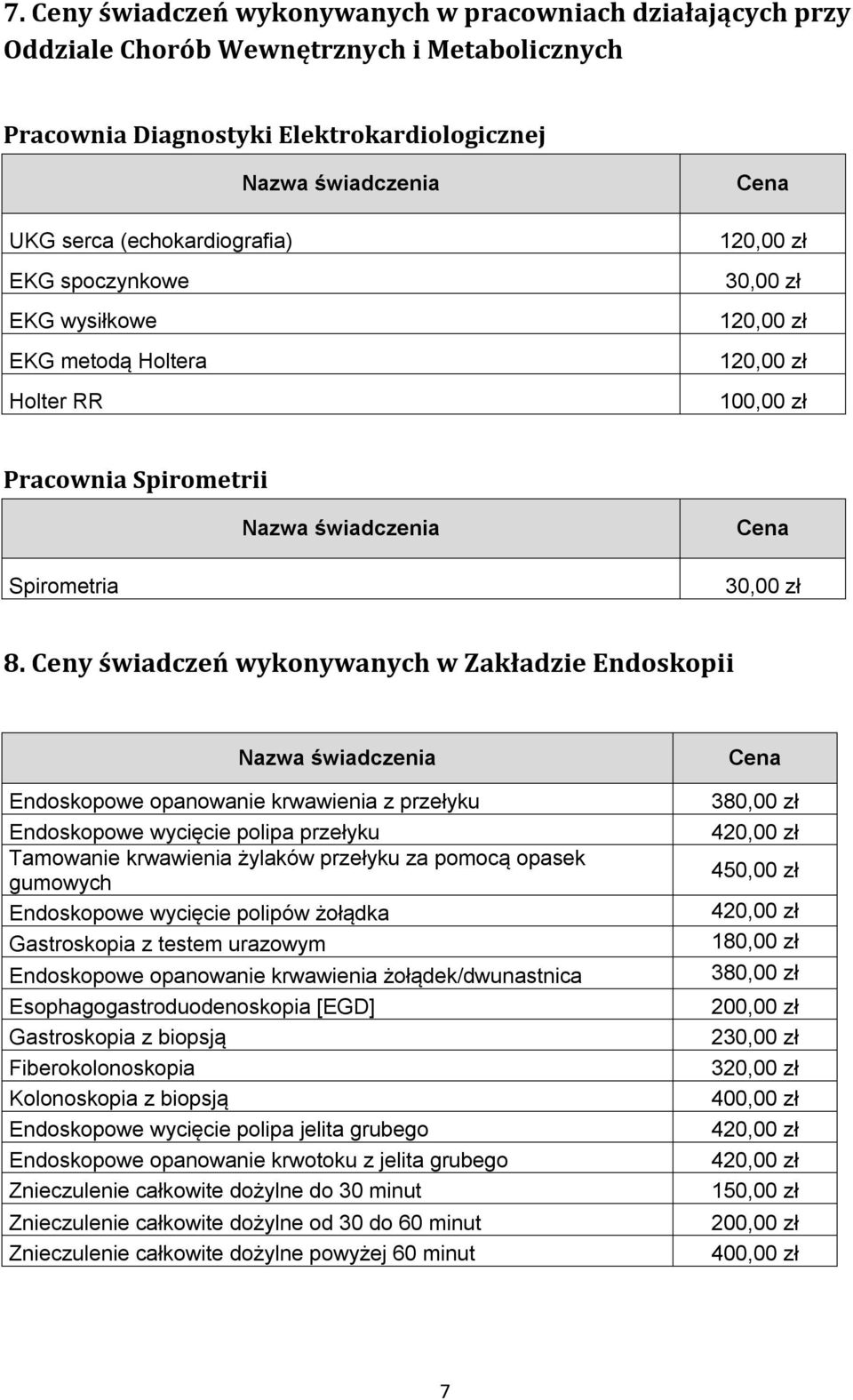 Ceny świadczeń wykonywanych w Zakładzie Endoskopii Endoskopowe opanowanie krwawienia z przełyku Endoskopowe wycięcie polipa przełyku Tamowanie krwawienia żylaków przełyku za pomocą opasek gumowych