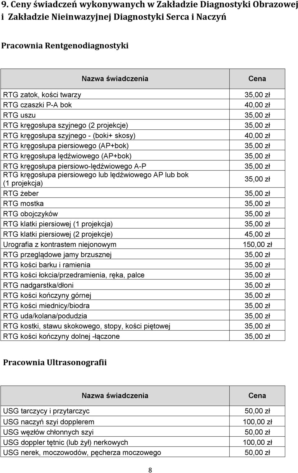 kręgosłupa piersiowego lub lędźwiowego AP lub bok (1 projekcja) RTG żeber RTG mostka RTG obojczyków RTG klatki piersiowej (1 projekcja) RTG klatki piersiowej (2 projekcje) Urografia z kontrastem