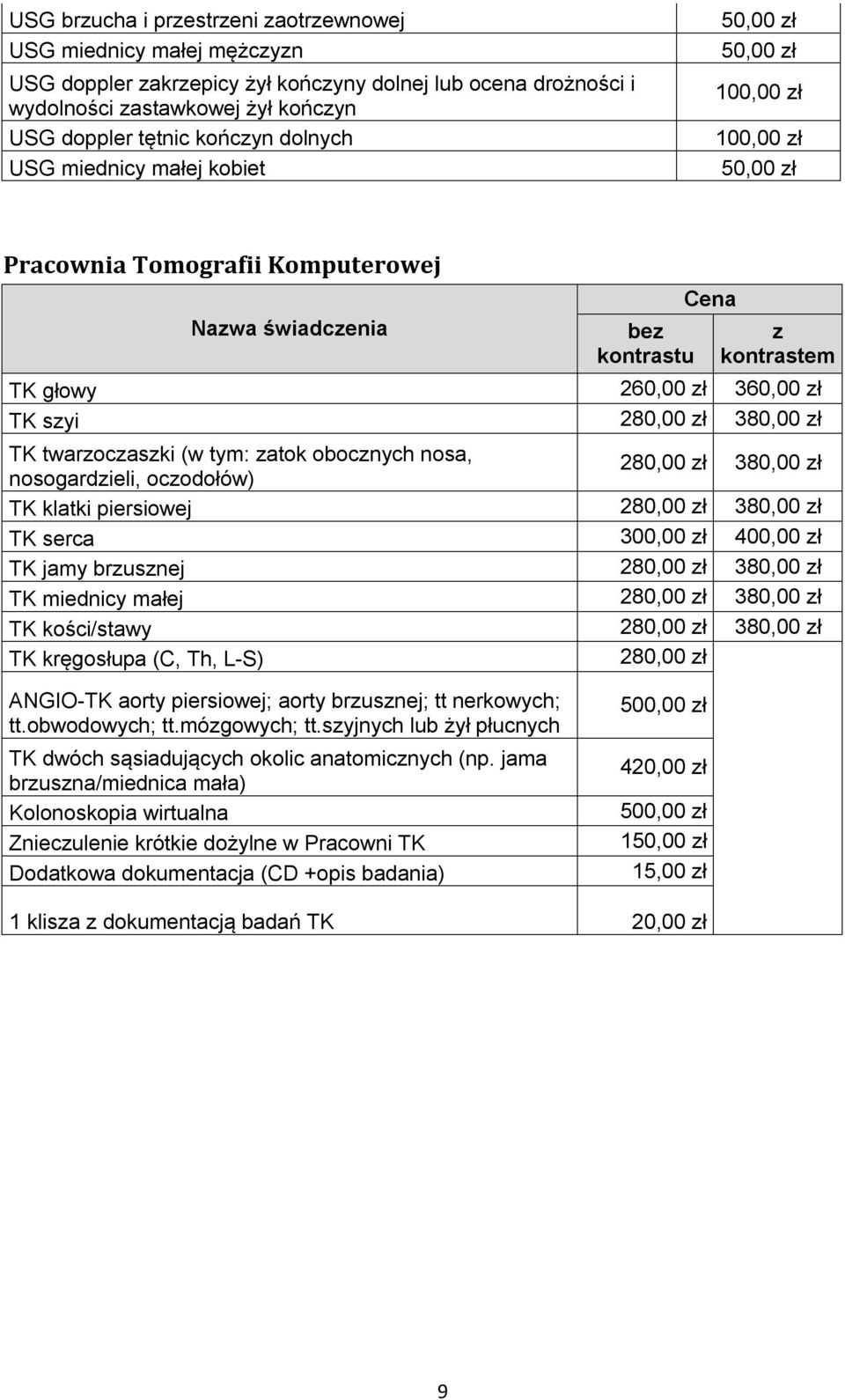 nosogardzieli, oczodołów) 280,00 zł 380,00 zł TK klatki piersiowej 280,00 zł 380,00 zł TK serca 300,00 zł 400,00 zł TK jamy brzusznej 280,00 zł 380,00 zł TK miednicy małej 280,00 zł 380,00 zł TK