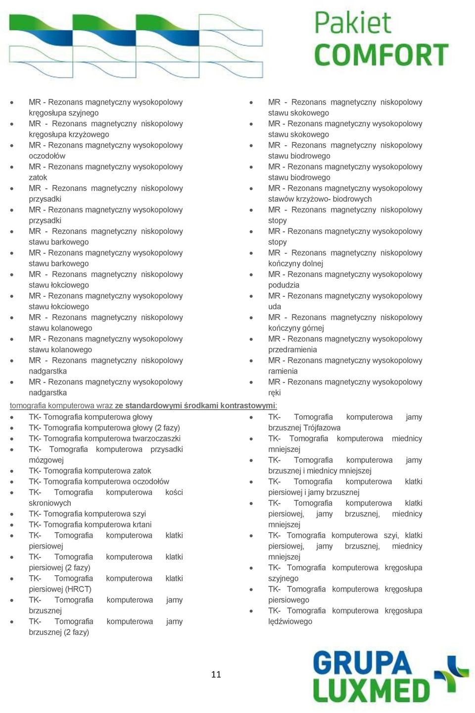 komputerowa wraz ze standardowymi środkami kontrastowymi: TK- Tomografia komputerowa głowy TK- Tomografia komputerowa jamy TK- Tomografia komputerowa głowy (2 fazy) brzusznej Trójfazowa TK-