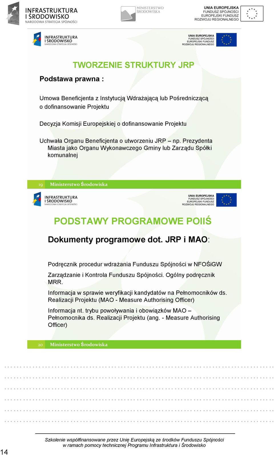 JRP i MAO: Podręcznik procedur wdrażania Funduszu Spójności w NFOŚiGW Zarządzanie i Kontrola Funduszu Spójności. Ogólny podręcznik MRR.