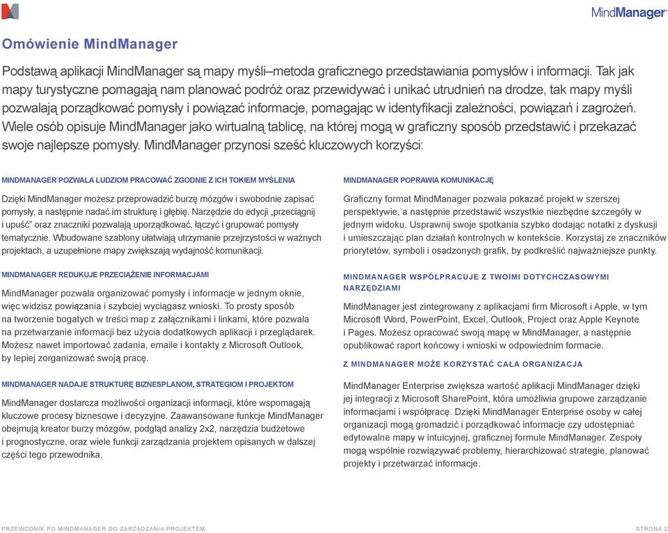 zależności, powiązań i zagrożeń. Wiele osób opisuje MindManager jako wirtualną tablicę, na której mogą w graficzny sposób przedstawić i przekazać swoje najlepsze pomysły.