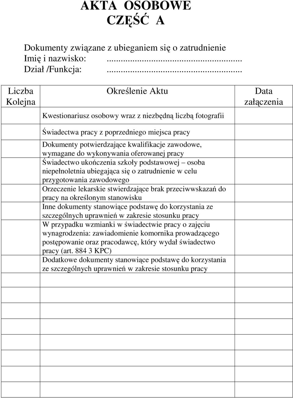 wykonywania oferowanej pracy Świadectwo ukończenia szkoły podstawowej osoba niepełnoletnia ubiegająca się o zatrudnienie w celu przygotowania zawodowego Orzeczenie lekarskie stwierdzające brak