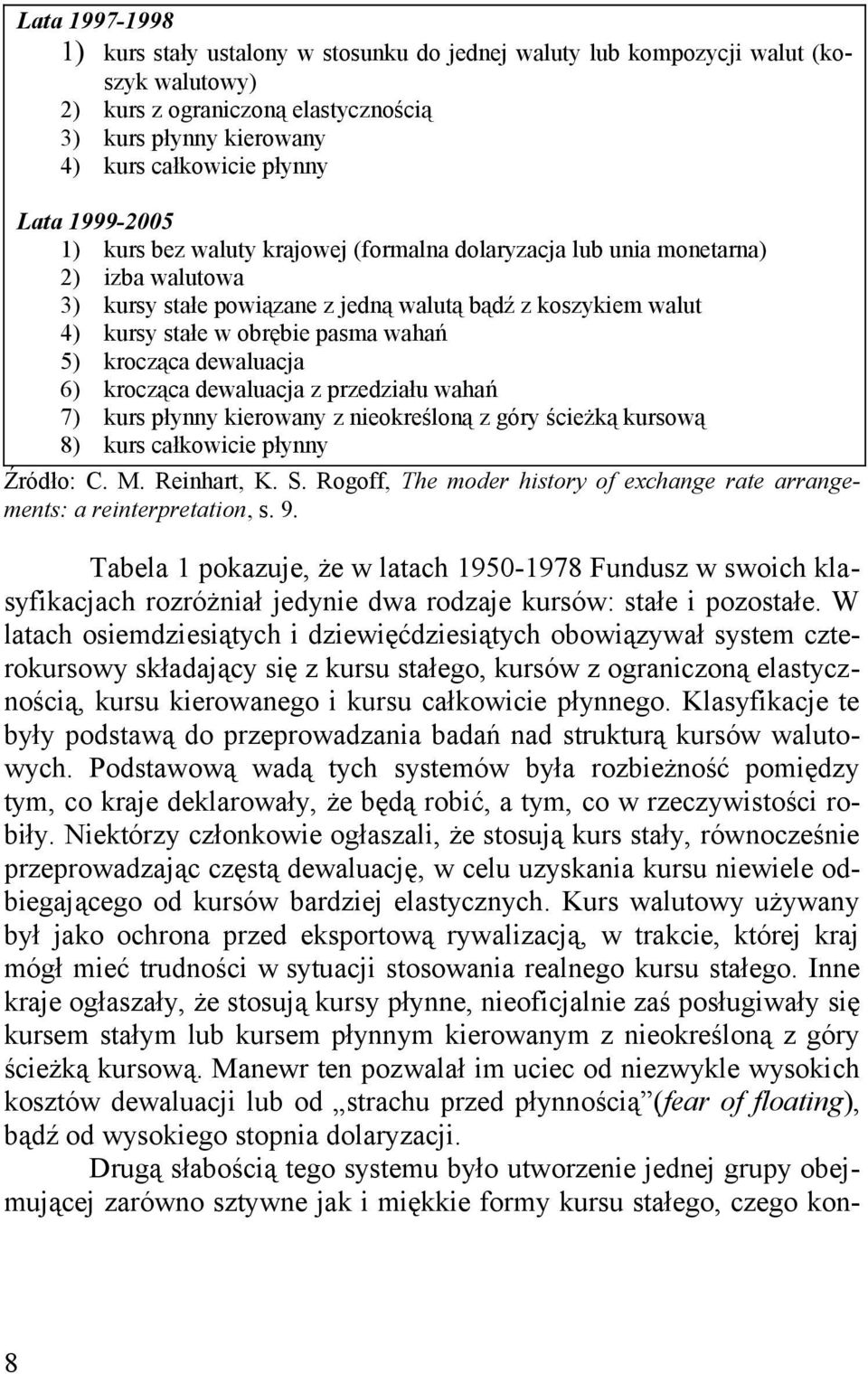 krocząca dewaluacja 6) krocząca dewaluacja z przedziału wahań 7) kurs płynny kierowany z nieokreśloną z góry ścieżką kursową 8) kurs całkowicie płynny Źródło: C. M. Reinhart, K. S.