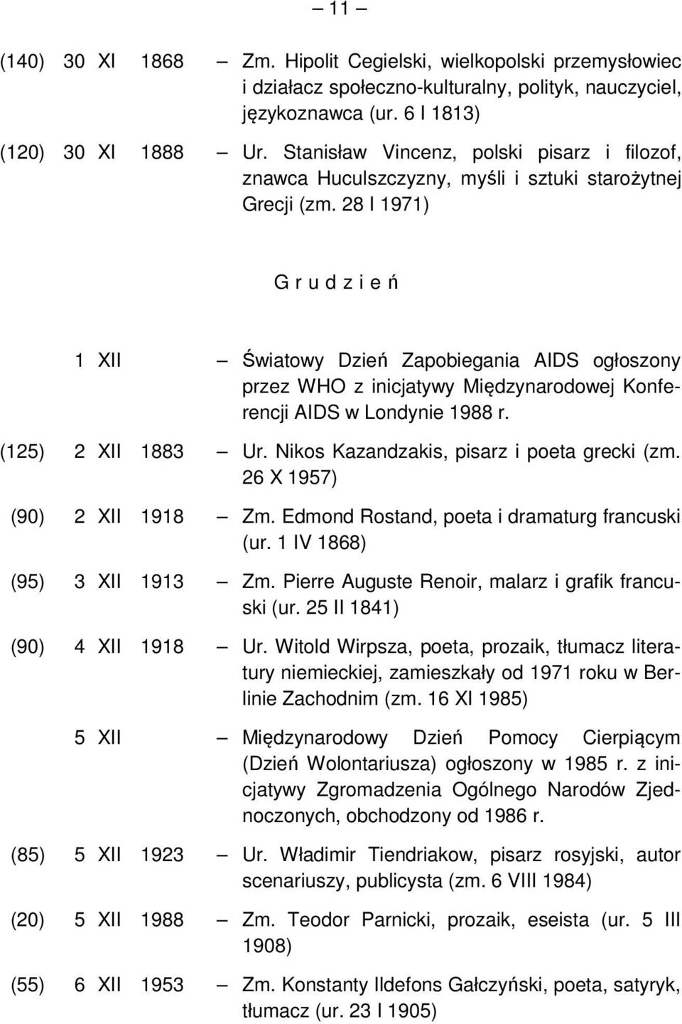 28 I 1971) G r u d z i eń 1 XII Światowy Dzień Zapobiegania AIDS ogłoszony przez WHO z inicjatywy Międzynarodowej Konferencji AIDS w Londynie 1988 r. (125) 2 XII 1883 Ur.