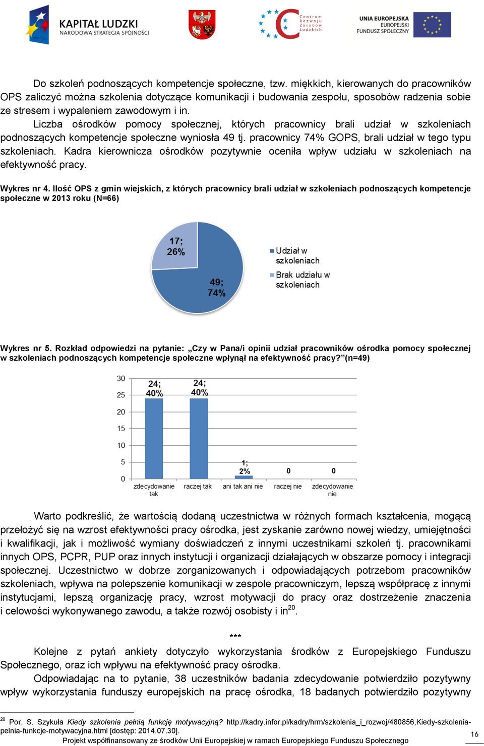 Liczba ośrodków pomocy społecznej, których pracownicy brali udział w szkoleniach podnoszących kompetencje społeczne wyniosła 49 tj. pracownicy 74% GOPS, brali udział w tego typu szkoleniach.