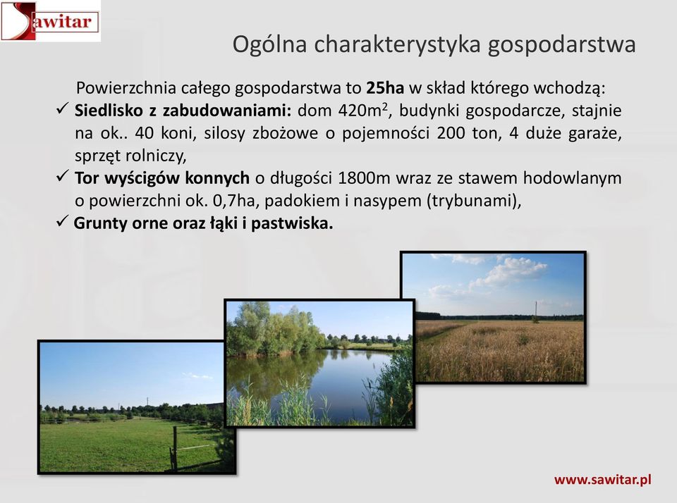 . 40 koni, silosy zbożowe o pojemności 200 ton, 4 duże garaże, sprzęt rolniczy, Tor wyścigów konnych o