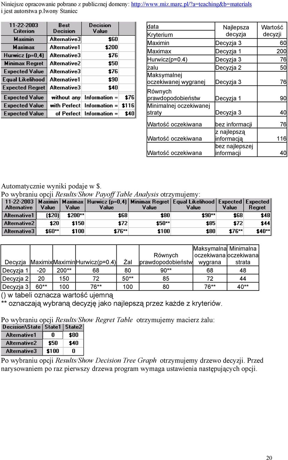 Wartość oczekiwana z najlepszą informacją 116 Wartość oczekiwana bez najlepszej informacji 40 Automatycznie wyniki podaje w $.