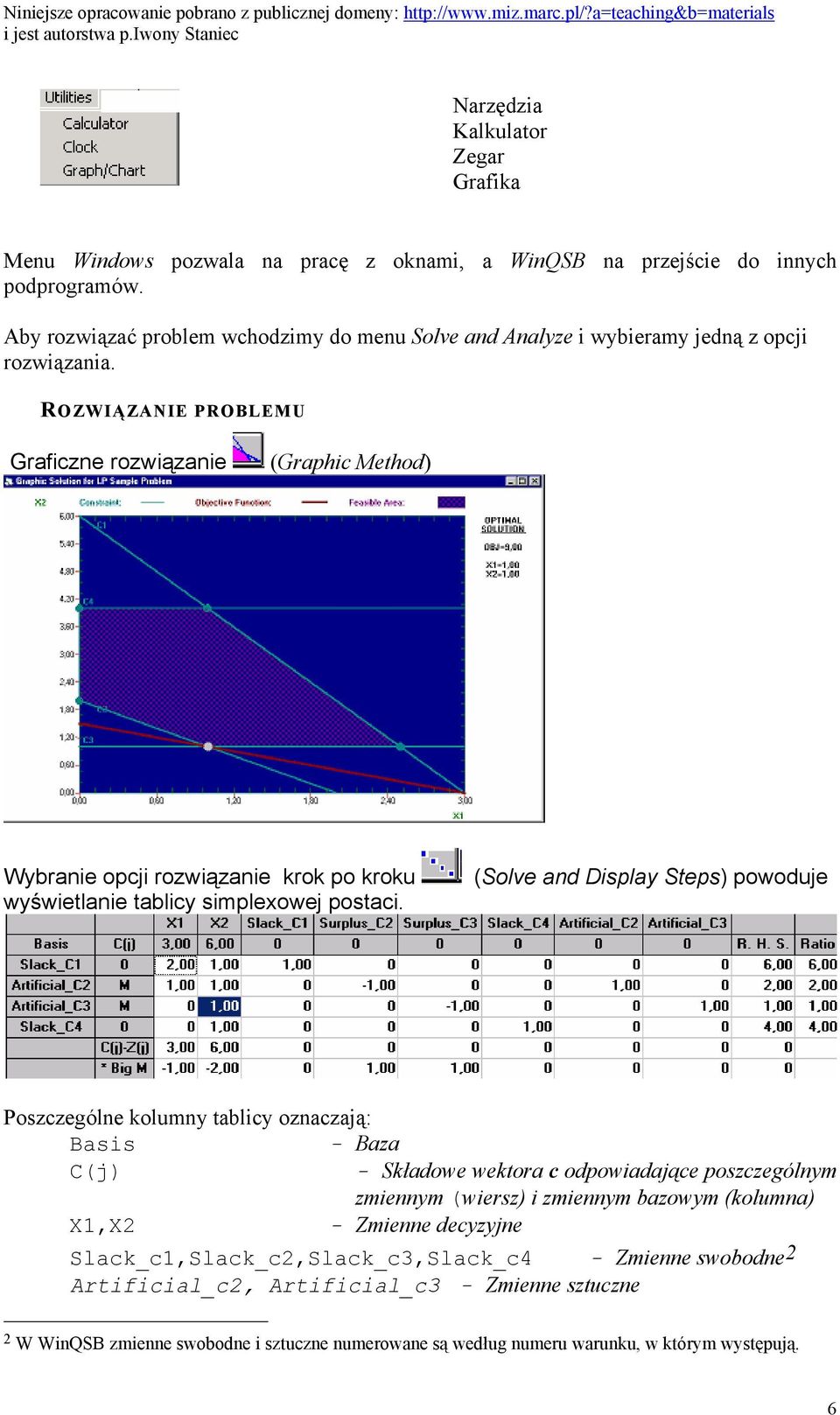 ROZWIĄZANIE PROBLEMU Graficzne rozwiązanie (Graphic Method) Wybranie opcji rozwiązanie krok po kroku wyświetlanie tablicy simplexowej postaci.