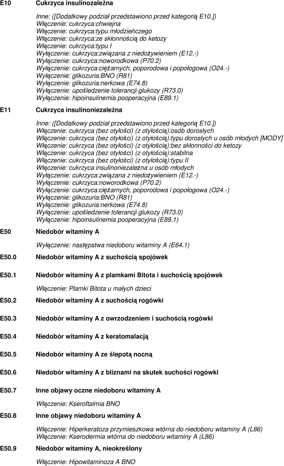 -) Wyłączenie: cukrzyca:noworodkowa (P70.2) Wyłączenie: cukrzyca:ciężarnych, poporodowa i popołogowa (O24.-) Wyłączenie: glikozuria:bno (R81) Wyłączenie: glikozuria:nerkowa (E74.