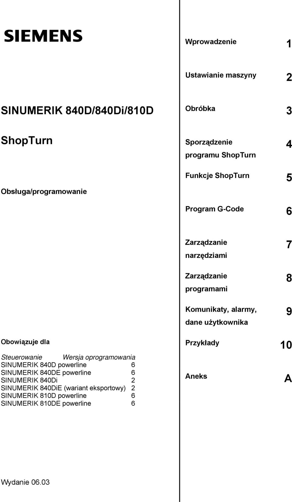 użytkownika 7 8 9 Obowiązuje dla Przykłady 10 Steuerowanie Wersja oprogramowania SINUMERIK 840D powerline 6 SINUMERIK 840DE