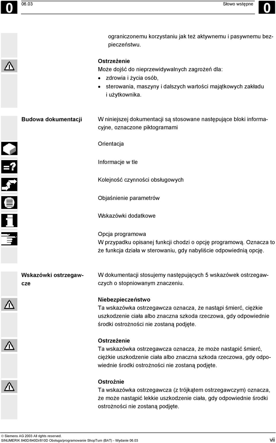 Budowa dokumentacji W niniejszej dokumentacji są stosowane następujące bloki informacyjne, oznaczone piktogramami Orientacja Informacje w tle Kolejność czynności obsługowych Objaśnienie parametrów