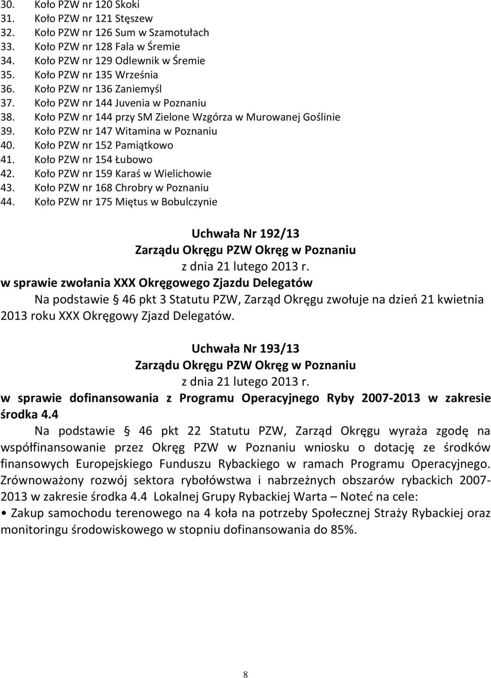 Koło PZW nr 152 Pamiątkowo 41. Koło PZW nr 154 Łubowo 42. Koło PZW nr 159 Karaś w Wielichowie 43. Koło PZW nr 168 Chrobry w Poznaniu 44.