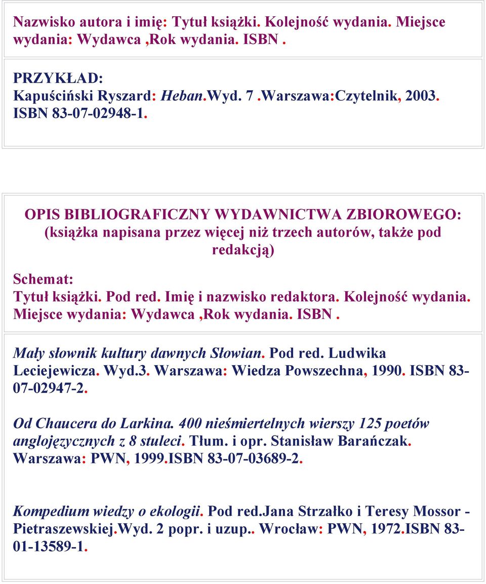 Miejsce wydania: Wydawca,Rok wydania. ISBN. Mały słownik kultury dawnych Słowian. Pod red. Ludwika Leciejewicza. Wyd.3. Warszawa: Wiedza Powszechna, 1990. ISBN 83-07-02947-2. Od Chaucera do Larkina.