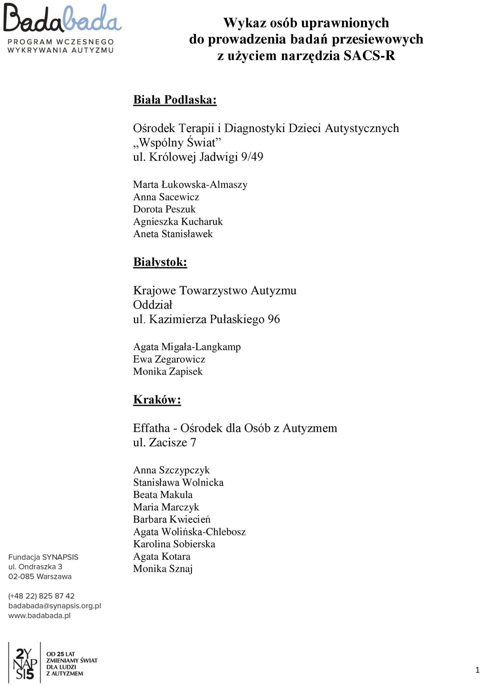 Królowej Jadwigi 9/49 Marta Łukowska-Almaszy Anna Sacewicz Dorota Peszuk Agnieszka Kucharuk Aneta Stanisławek Białystok: Krajowe Towarzystwo Autyzmu