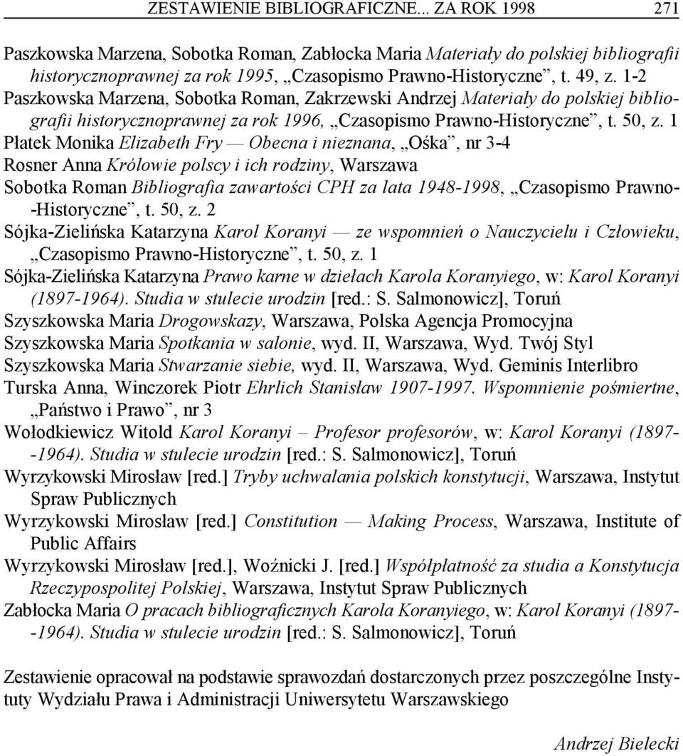 1 Płatek Monika Elizabeth Fry Obecna i nieznana, Ośka, nr 3-4 Rosner Anna Królowie polscy i ich rodziny, Warszawa Sobotka Roman Bibliografia zawartości CPH za lata 1948-1998, Czasopismo Prawno-