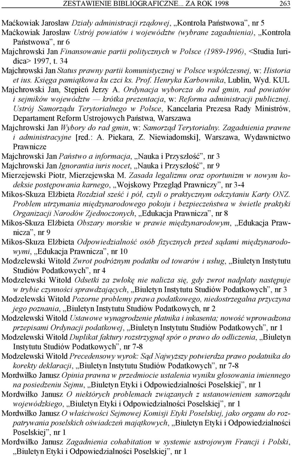 Majchrowski Jan Finansowanie partii politycznych w Polsce (1989-1996), <Studia Iuridica> 1997, t. 34 Majchrowski Jan Status prawny partii komunistycznej w Polsce współczesnej, w: Historia et ius.