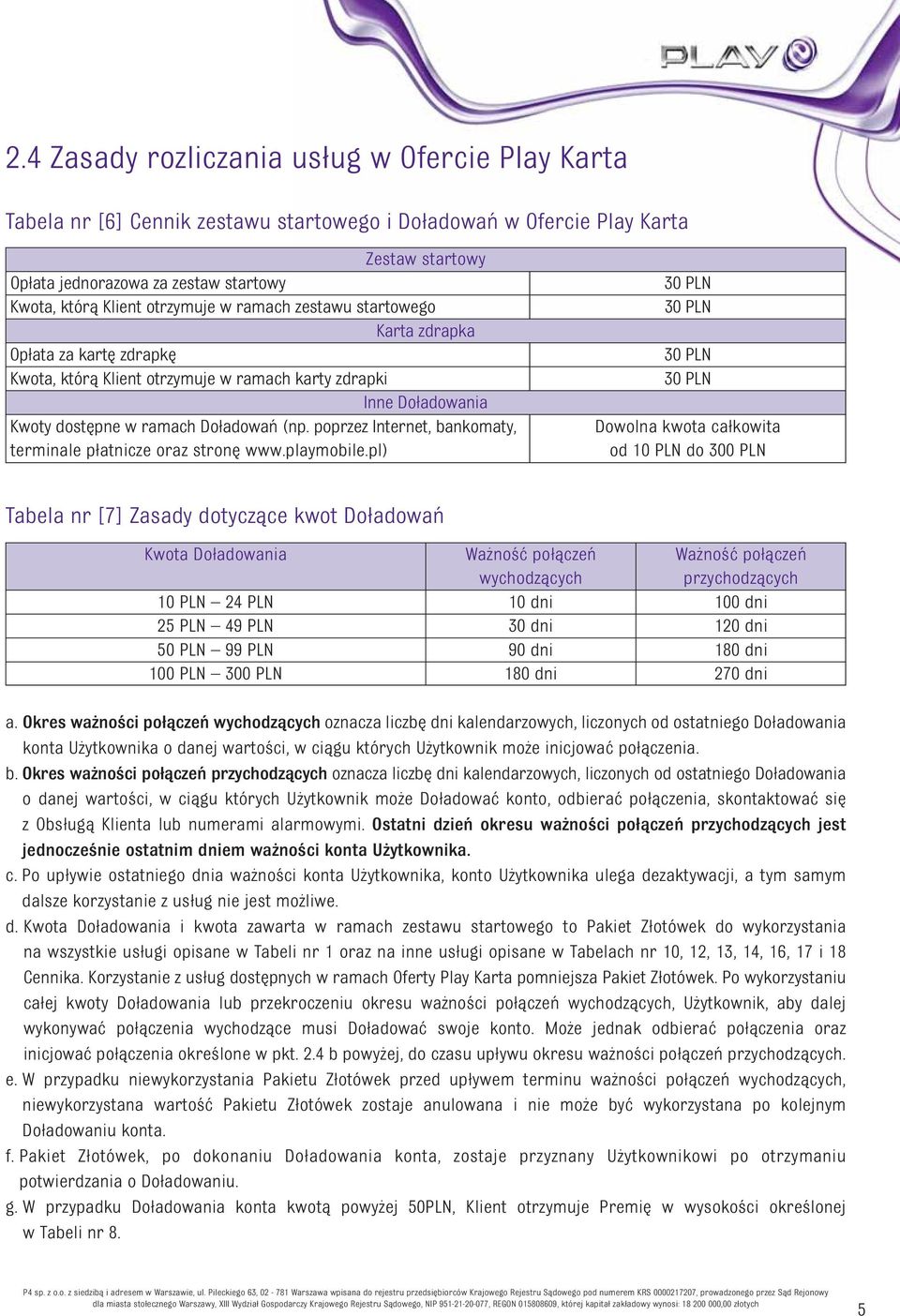 Doładowań (np. poprzez Internet, bankomaty, Dowolna kwota całkowita terminale płatnicze oraz stronę www.playmobile.