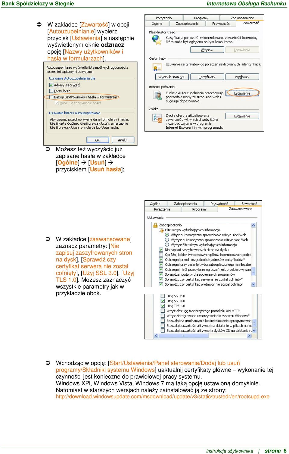 certyfikat serwera nie został cofnięty], [Użyj SSL 3.0], [Użyj TLS 1.0]. Możesz zaznaczyć wszystkie parametry jak w przykładzie obok.