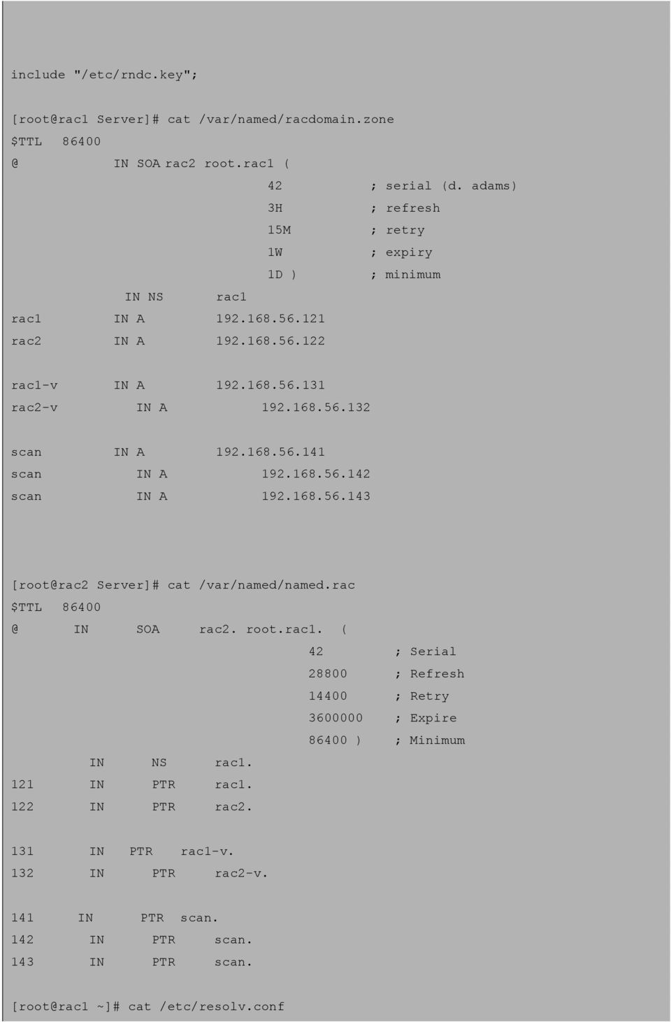 168.56.141 scan IN A 192.168.56.142 scan IN A 192.168.56.143 [root@rac2 Server]# cat /var/named/named.rac $TTL 86400 @ IN SOA rac2. root.rac1.