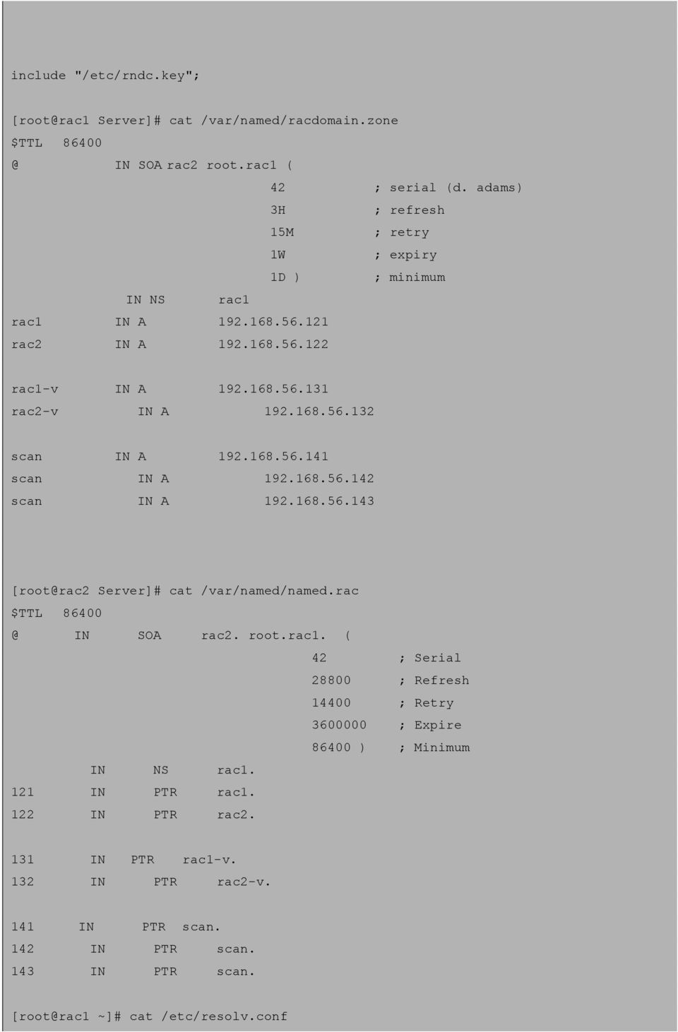 168.56.141 scan IN A 192.168.56.142 scan IN A 192.168.56.143 [root@rac2 Server]# cat /var/named/named.rac $TTL 86400 @ IN SOA rac2. root.rac1.