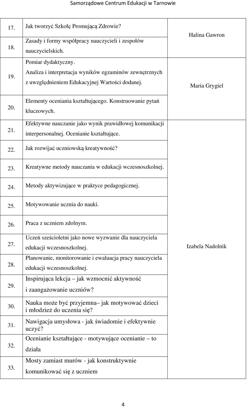 Efektywne nauczanie jako wynik prawidłowej komunikacji interpersonalnej. Ocenianie kształtujące. 22. Jak rozwijać uczniowską kreatywność? 23. Kreatywne metody nauczania w edukacji wczesnoszkolnej. 24.