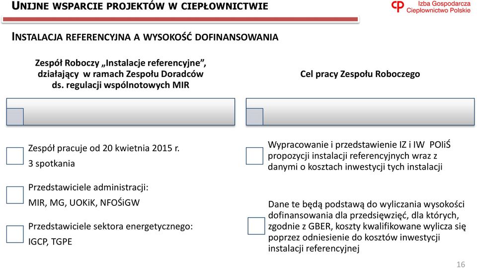 3 spotkania Przedstawiciele administracji: MIR, MG, UOKiK, NFOŚiGW Przedstawiciele sektora energetycznego: IGCP, TGPE Wypracowanie i przedstawienie IZ i IW POIiŚ