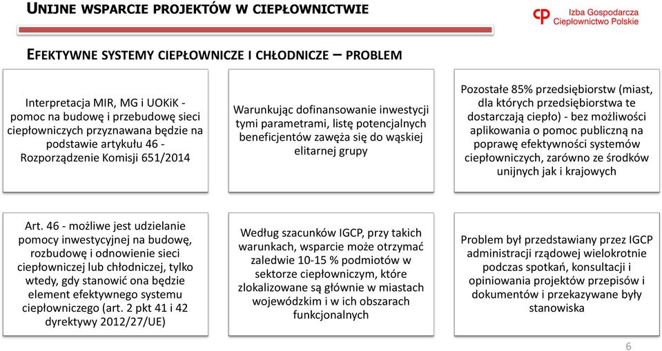 przedsiębiorstwa te dostarczają ciepło) - bez możliwości aplikowania o pomoc publiczną na poprawę efektywności systemów ciepłowniczych, zarówno ze środków unijnych jak i krajowych Art.