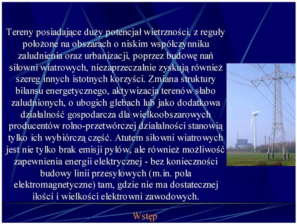 Zmiana struktury bilansu energetycznego, aktywizacja terenów słabo zaludnionych, o ubogich glebach lub jako dodatkowa działalność gospodarcza dla wielkoobszarowych producentów