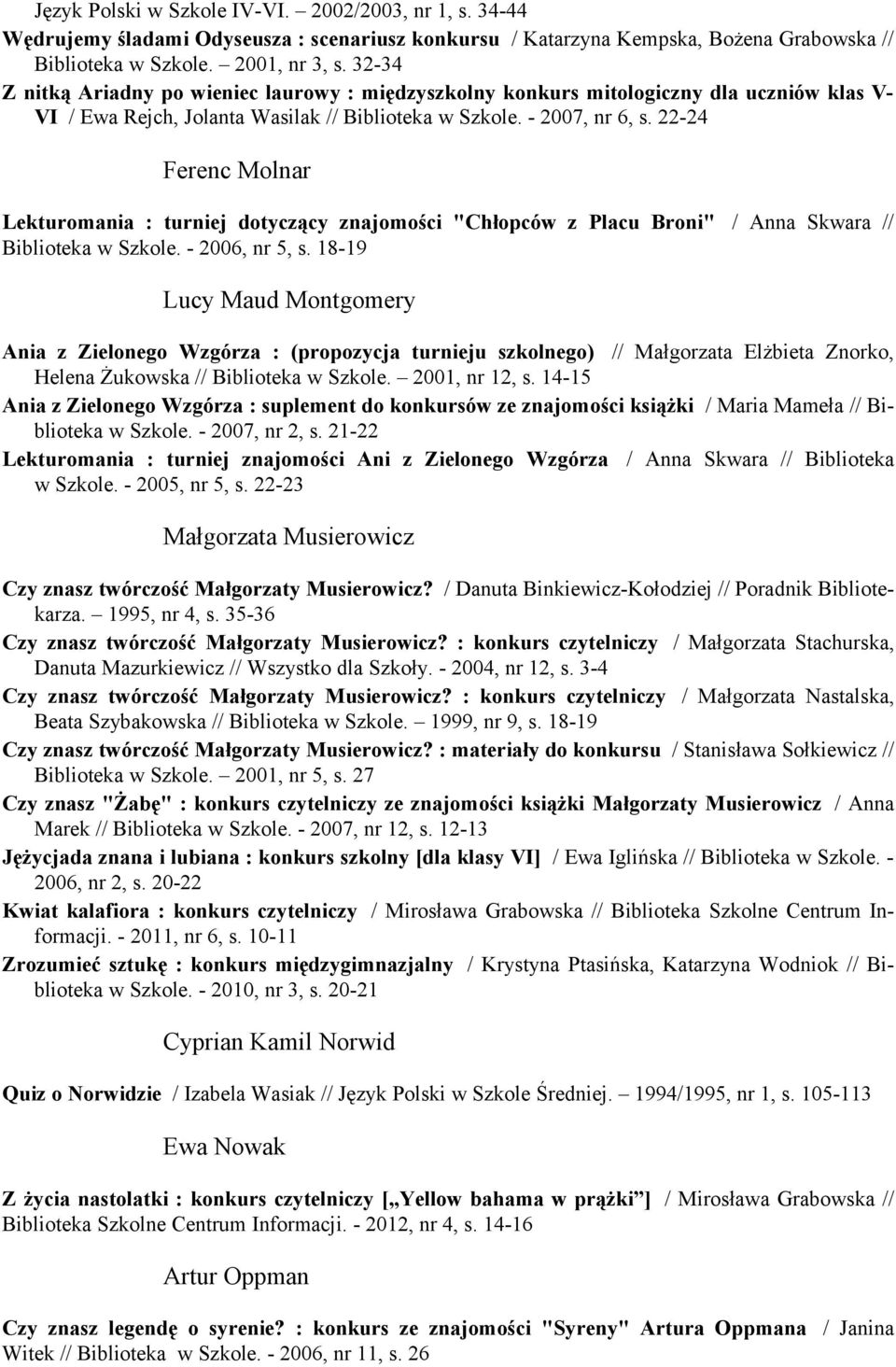 22-24 Ferenc Molnar Lekturomania : turniej dotyczący znajomości "Chłopców z Placu Broni" / Anna Skwara // Biblioteka w Szkole. - 2006, nr 5, s.