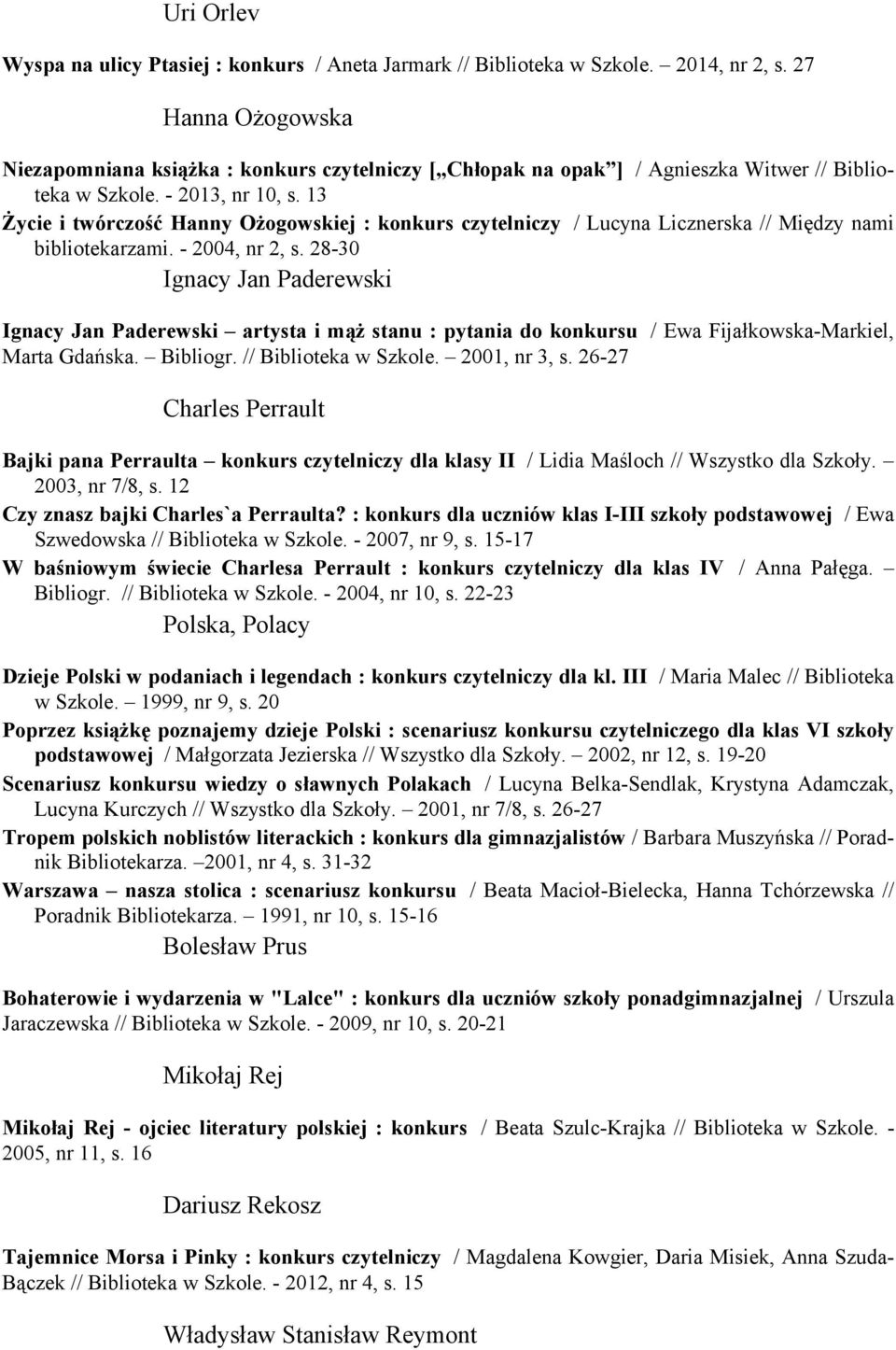 13 Życie i twórczość Hanny Ożogowskiej : konkurs czytelniczy / Lucyna Licznerska // Między nami bibliotekarzami. - 2004, nr 2, s.