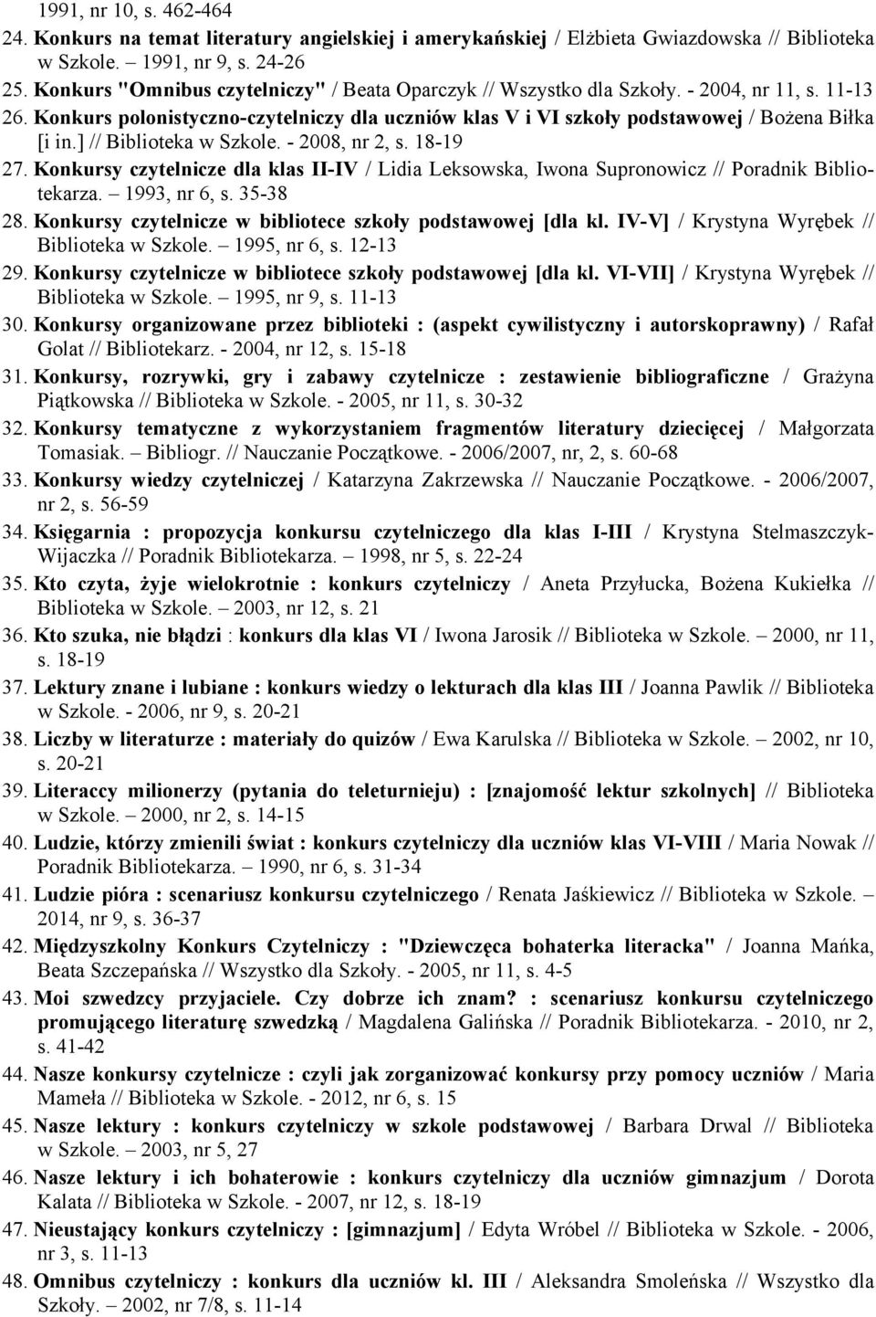 ] // Biblioteka w Szkole. - 2008, nr 2, s. 18-19 27. Konkursy czytelnicze dla klas II-IV / Lidia Leksowska, Iwona Supronowicz // Poradnik Bibliotekarza. 1993, nr 6, s. 35-38 28.