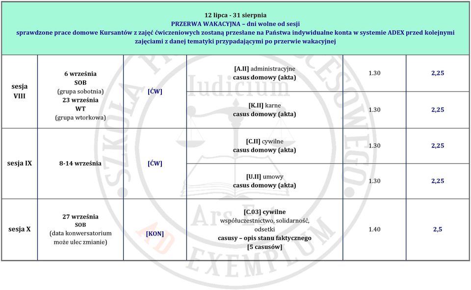 sobotnia) 23 września WT (grupa wtorkowa) [ĆW] [A.II] administracyjne [K.II] karne [C.II] cywilne sesja IX 8-14 września [ĆW] [U.