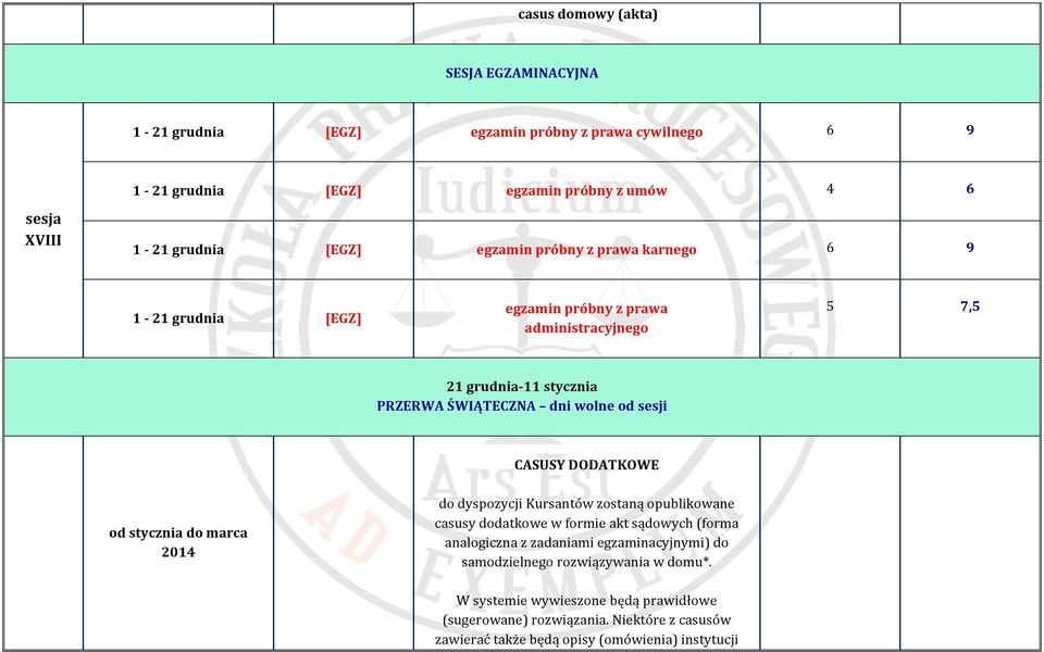 DODATKOWE od stycznia do marca 2014 do dyspozycji Kursantów zostaną opublikowane casusy dodatkowe w formie akt sądowych (forma analogiczna z zadaniami