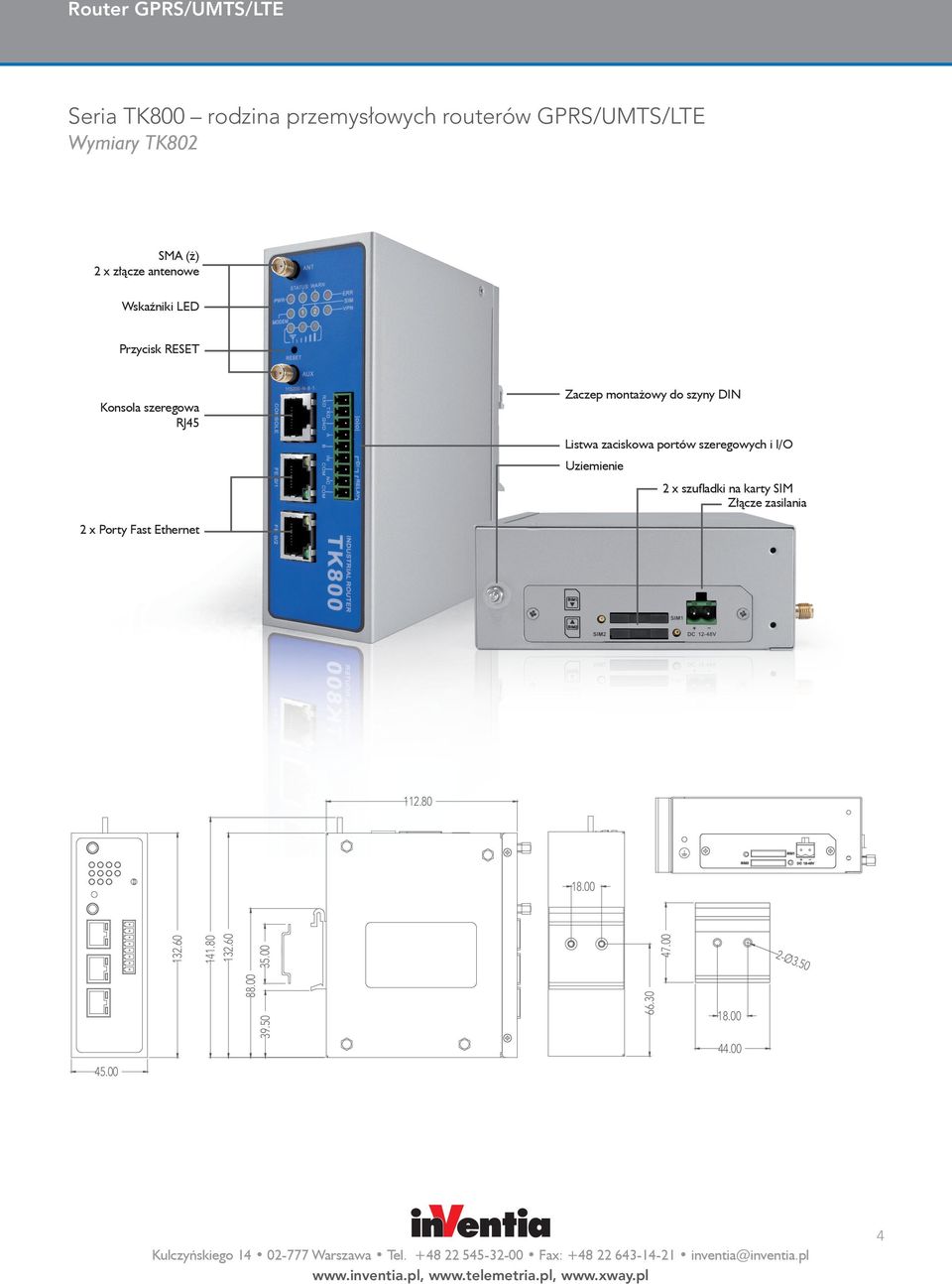 szeregowych i I/O Uziemienie 2 x szufladki na karty SIM Złącze zasilania 2 x