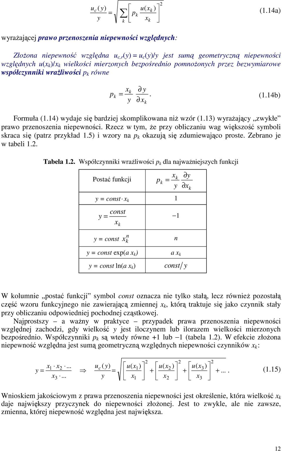 pomnożonych przez bezwymiarowe współczynnii wrażliwości p równe p x y =. (1.14b) y x Formuła (1.14) wydaje się bardziej sompliowana niż wzór (1.13) wyrażający zwyłe prawo przenoszenia niepewności.