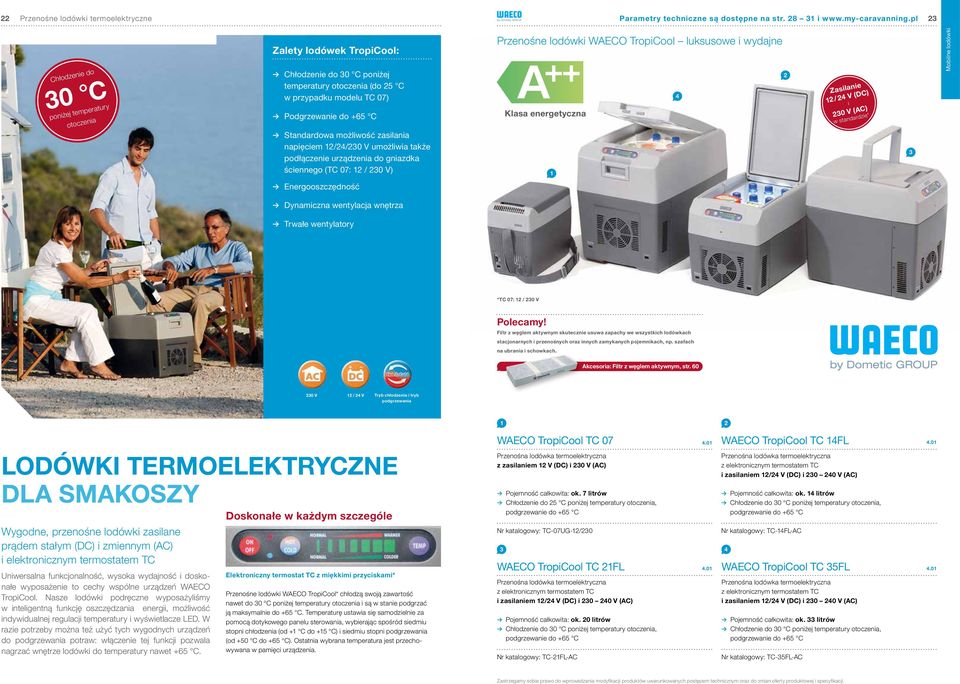 możliwość zasilania napięciem 12/24/230 V umożliwia także podłączenie urządzenia do gniazdka ściennego (TC 07: 12 / 230 V) Przenośne lodówki WAECO TropiCool luksusowe i wydajne Klasa energetyczna 1 2