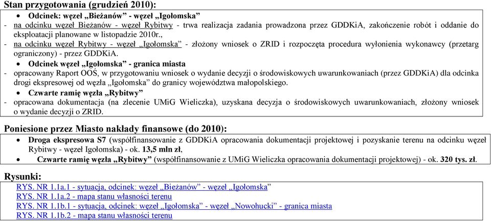 , - na odcinku węzeł Rybitwy - węzeł Igołomska - złożony wniosek o ZRID i rozpoczęta procedura wyłonienia wykonawcy (przetarg ograniczony) - przez GDDKiA.