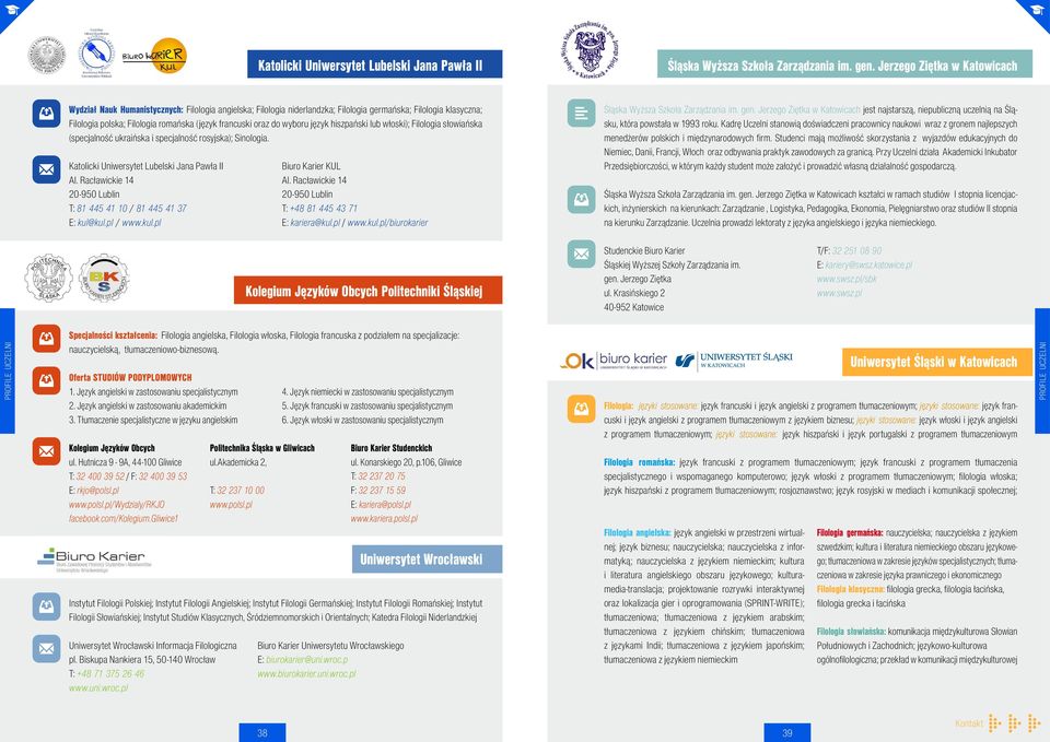 oraz do wyboru język hiszpański lub włoski); Filologia słowiańska (specjalność ukraińska i specjalność rosyjska); Sinologia. Katolicki Uniwersytet Lubelski Jana Pawła II Al.