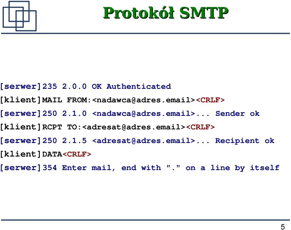 email><CRLF> [serwer]250 2.1.5 <adresat@adres.email>... Recipient ok [klient]data<crlf> [serwer]354 Enter mail, end with ".