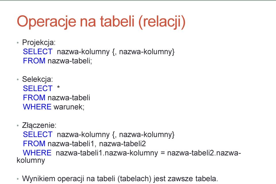 nazwa-kolumny {, nazwa-kolumny} FROM nazwa-tabeli1, nazwa-tabeli2 WHERE nazwa-tabeli1.