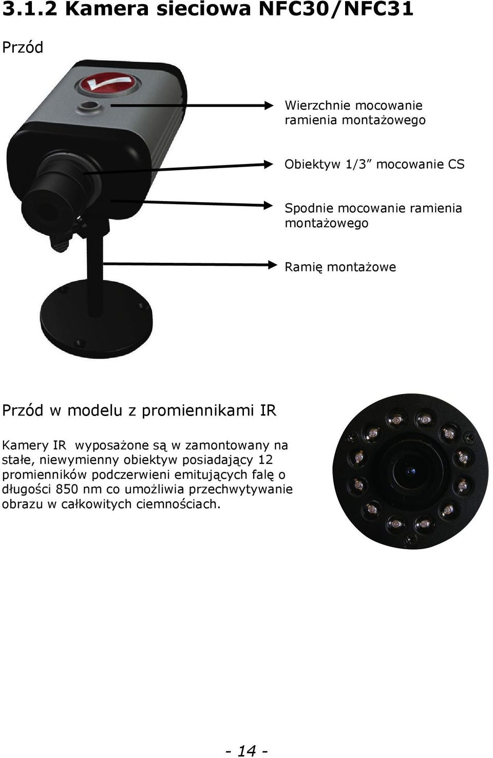 Kamery IR wyposażone są w zamontowany na stałe, niewymienny obiektyw posiadający 12 promienników